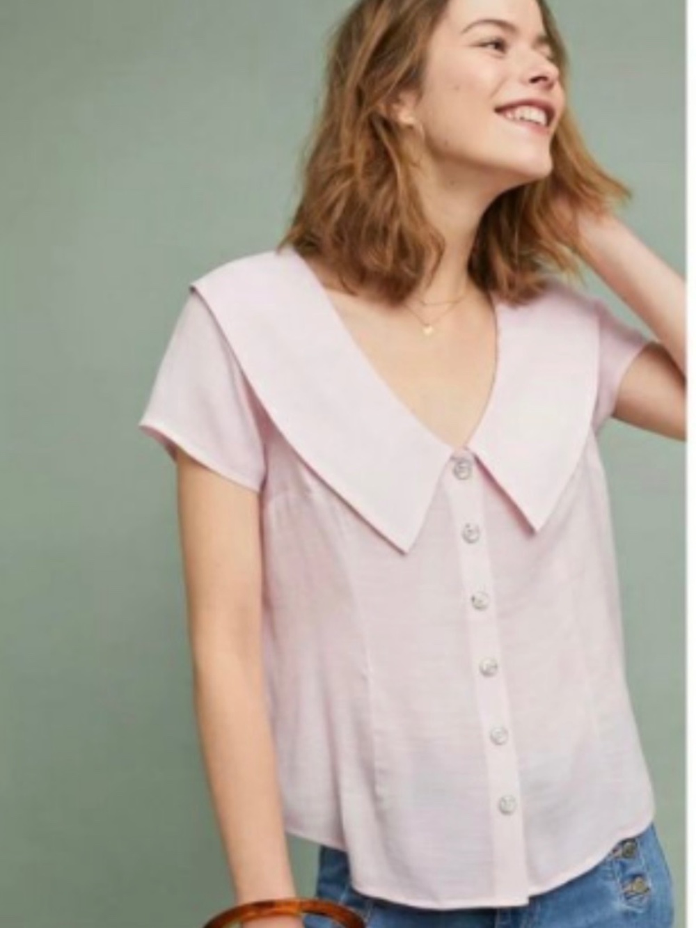 Anthropologie Maeve Austen Collared Blouse Pink Button Up Short Sleeve FLAW Sz 6